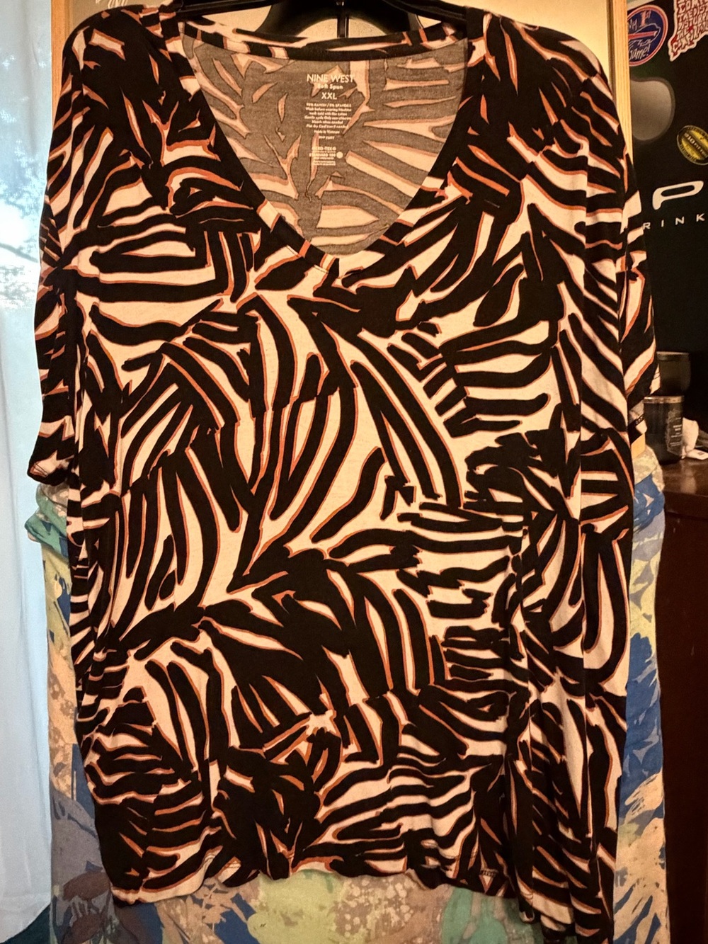Nine West Gray and Blush Abstract Zebra Print V-Neck Top